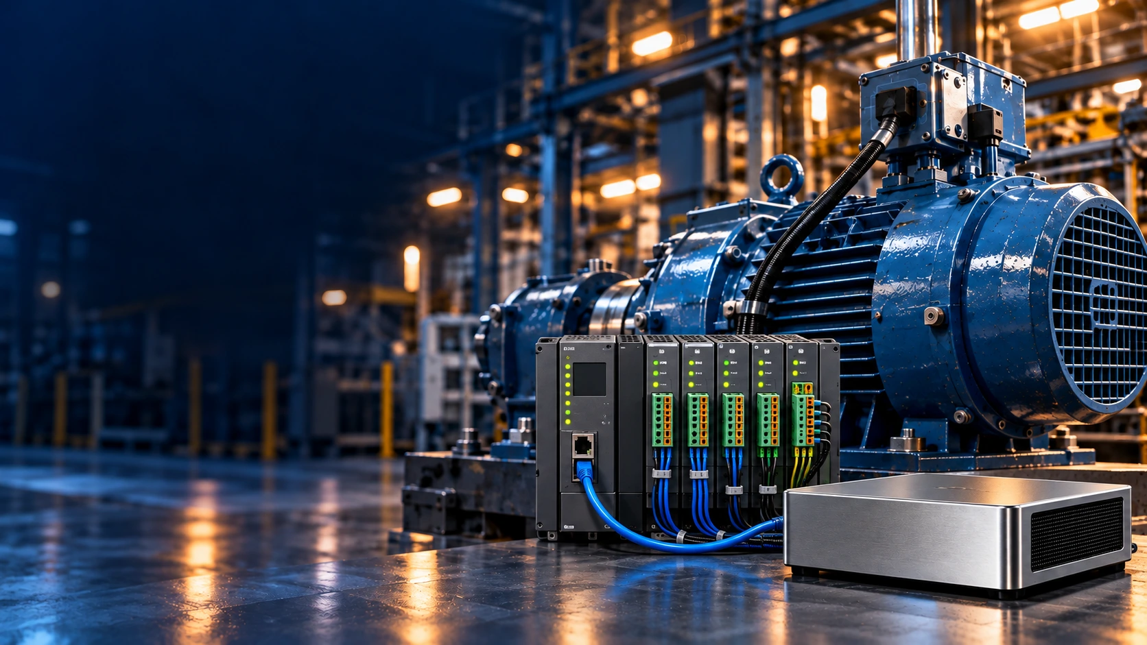 青い産業用モーター、PLC、ローカルAI用PCの構成イメージ